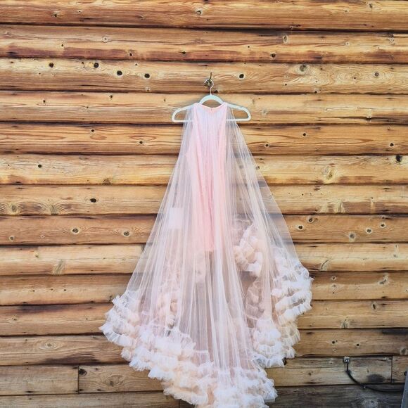 MAC DUGGAL 68252 Light Pink Tulle High Neck Sleeveless Ruffled Hem Hi-Low Gown - Picture 13 of 16